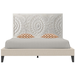 Cabecero de Cama King Size de Madera de Ingeniería, Tallado a Mano, con Diseño de Girasol Vintage y Mandala Boho Blanco, Estilo Smart Art, Decoración para el Hogar - Product Image 5