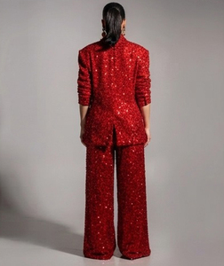 Durable Material Sequin Embroidered Women's Wear <b>Blazer</b> <b>Set</b> Reliable Product Long Sleeve Button Down Closure 2 Piece Formal Suit - Product Image 2