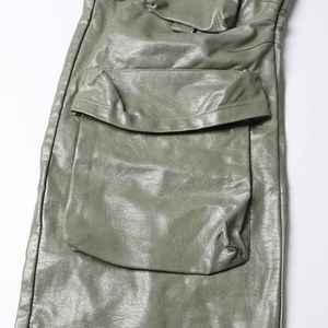 High Waist Plus Size Cargo Pants <b>Women</b> Loose Fit Full Length Utility Style With Multiple Pockets Solid Color PU Coated Wear - Product Image 4