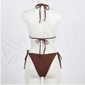 Women Brown Halter <b>Bikini</b> <b>Set</b> With Pearls Tie Side Bottom Solid Color Swimwear Two Piece Beachwear - Product Image 2