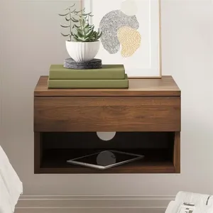 Mesita de Noche Flotante de Pared que Ahorra Espacio con Cajón de Almacenamiento, Gabinete de Madera Marrón, Decoración Moderna para Dormitorio - Product Image 2
