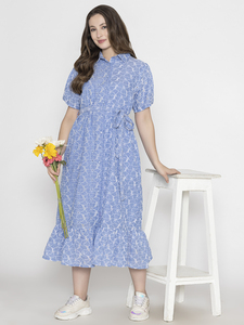 Blue Geometric Print Shirt <b>Dress</b> With <b>Short</b> Sleeves And Flared Hem For Daily Wear <b>Summer</b> Casual Midi Length Woven Cotton <b>Dress</b> - Product Image 2