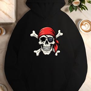 Sweat à capuche décontracté pour femme avec imprimé crâne de pirate et cache-œil, tissu tricoté 100% polyester, vêtement d'automne, couleur verte - Product Image 5