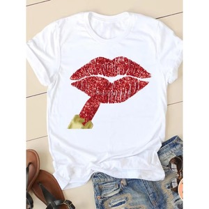 Camiseta blanca para mujer con estampado de labios dorados, cuello redondo, manga corta, informal, top de verano - Product Image 4