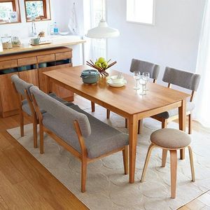 Juego de Comedor Minimalista de Madera de Teca con Banco Tapizado, Muebles de Comedor Modernos Escandinavos - Product Image 1
