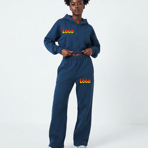 OEM/ODM <b>Women's</b> <b>Navy</b> Blue Hooded Sweatshirt & Sweatpants Set Full Sleeve Loose Fit <b>Fleece</b> Casual Wear With Logo Print All Season - Product Image 4