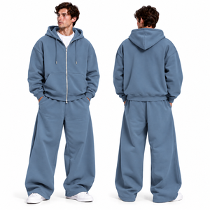 Premium Custom Logo Oversized 100% Cotton <b>Winter</b> <b>Hoodie</b> Set for Men – Zipper Sweatshirt & Wide-Leg Sweatpants Tracksuit - Product Image 3