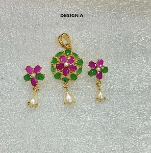 22K Gold Plated Flower Pendant Set <b>Ruby</b> Emerald Pearl Sapphire <b>Necklace</b> with Earrings Traditional Indian Bridal Jewelry Gift for - Product Image 3