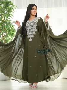 Women's Ethnic Lightweight Plus Size Floor-Length Hand Beaded <b>Sequined</b> Flared Hem Georgette High Neck Long Sleeve Solid Pattern - Product Image 4
