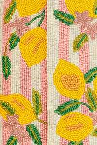 Sac à main en tissu brodé à la main avec perles de verre, rayures roses et motif floral citron, forme rectangulaire, idéal pour les soirées - Product Image 6