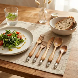 Ensemble de couverts de cuisine jetables écologiques pour la rentrée scolaire avec manches en pierre marbrée et lames en acier inoxydable - Product Image 4