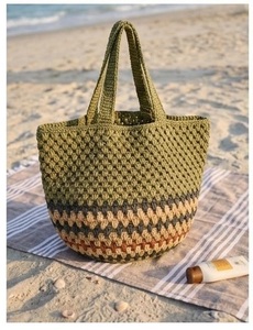 Sac fourre-tout vintage au crochet avec broderie, couleur unie, ouverture supérieure, doublure en coton, sac à main d'été pour femme - Product Image 1