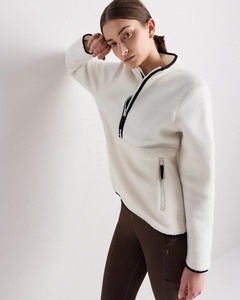 Veste polaire blanche pour femme avec fermeture éclair 1/2, col montant, coupe classique, doublure sherpa douce, avec poches, pour l'automne et l'hiver - Product Image 3