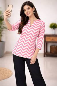 <b>Womens</b> Pink White Chevron Print <b>Kurta</b> with Black Palazzo 3/4 Sleeve Ethnic Casual Set - Product Image 3
