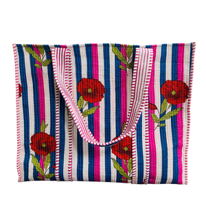 100% Cotton Bohemian Handblock Printed Cotton Quilted Shoulder <b>Tote</b> Bag with Open Closure - Product Image 1