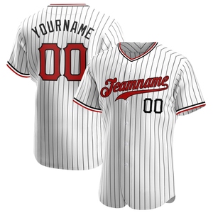 Camiseta de Béisbol Auténtica Personalizada al por Mayor de Alta Calidad, la Más Vendida, con Franjas Blancas y Rojas sobre Negro - Product Image 1