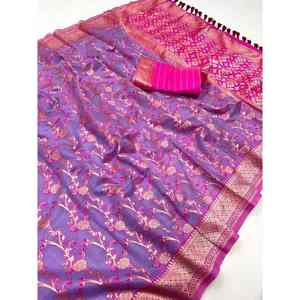 CRÉATEUR LINEN COTON ZARI FIL TISSANT SAREE AVEC CHEMISIER NON COUDU VIOLET - Product Image 1