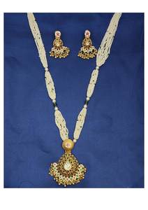 Traditional Gold Plated Beaded Long <b>Necklace</b> <b>Set</b> with White <b>Pearl</b> Strands Kundan Pendant and Matching Earrings for Women - Product Image 2