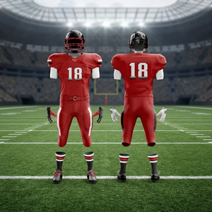 Maqueta de uniforme de fútbol americano rojo y blanco con el número 18 parece ser un renderizado promocional 3D estándar utilizado. - Product Image 4