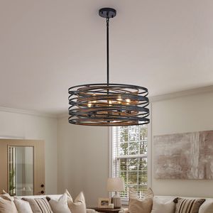Lampadario a sospensione industriale rustico da 20 pollici a 5 luci, gabbia in metallo nero noce con accenti in legno per l'arredamento dell'isola della cucina - Product Image 2