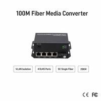 Konverter Media Fiber Ethernet 10/100M 1 SC Optik 4 Port RJ45 dengan Isolasi VLAN untuk Jaringan IP CCTV 20km