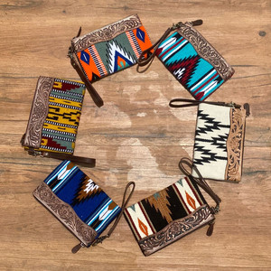 Handmade Multi Saddle Blanket <b>Purse</b> With Tooled Leather Western Style Genuine Leather Wristlet Clutch Luxury Wallet Gift for Her - Product Image 5