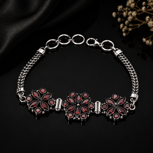 Wholesale Price Offer Antique Silver Plated Brass Beaded <b>Red</b> Cubic Zirconia Flower Cluster Trendy Women's Anniversary <b>Bracelet</b> - Product Image 5