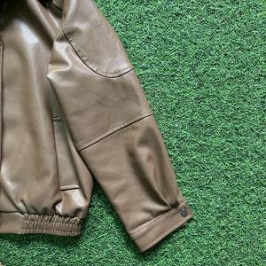Brown Coated <b>Leather</b> <b>Bomber</b> Jacket <b>Men</b> Front Logo Casual Turn-down Collar Zipper Closure Regular Fit Winter Wear - Product Image 5