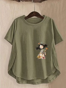 Camiseta Unisex Informal de Manga Corta Color Verde Oliva con Estampado de Personajes, Corte Holgado, Camiseta Informal para Hombre, Estampado Digital - Product Image 1