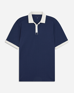 Chemise piqué bleu marine à manches courtes pour homme, col blanc, coupe décontractée, en maille respirante Spandex/Polyester, longueur standard, imprimée - Product Image 1