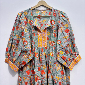 Vestido Casual Midi de Algodón Tejido con Estampado Floral para Mujer, Mangas Abullonadas, Cintura Imperio, Estilo Babydoll, Cuello en V, Corte Holgado - Product Image 5