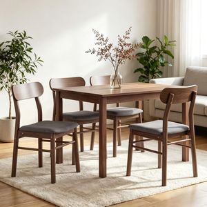 Set di 4 Sedie da Pranzo con Gambe in Legno Massello e Rivestimento in Tessuto per Soggiorni e Bar in Stile Rustico - Product Image 4