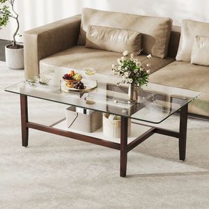 42-Inch Rectangular 2-Tier Glass Coffee <b>Table</b> with Storage Shelf - Product Image 2