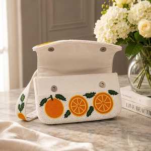 Handmade Embroidered <b>Orange</b> Pattern Canvas <b>Handbag</b> Rectangular Shape Textile Purse - Product Image 5