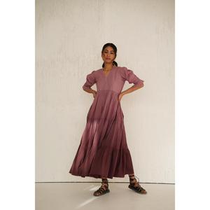 เดรสยาวผ้าฝ้ายลายมัดย้อมสไตล์ฤดูร้อน แขนพอง คอวี ทรงเอพลิ้วสวย ใส่สบาย เหมาะสำหรับวันพักผ่อนสำหรับผู้หญิง - Product Image 2