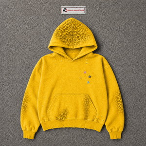 Sweat à capuche oversize jaune vieilli avec broderie étoile multicolore, motif léopard ton sur ton, effet délavé vintage, streetwear, pull-over avec texte - Product Image 5