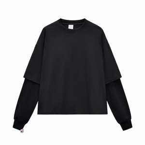 Premium Quality Double <b>Layer</b> Long Sleeve T-Shirt Men O-Neck Solid Black Cotton Knitted Casual Crop <b>Top</b> Blank Design T-Shirts OEM - Product Image 1