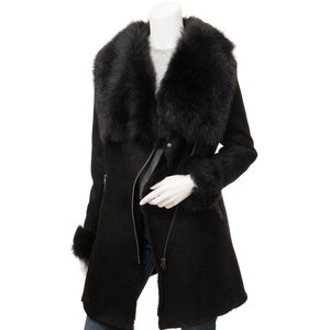 Manteau long asymétrique en daim pour femme avec col et poignets en fourrure, fermeture éclair, coupe-vent d'hiver - Product Image 4