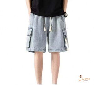 Shorts cargo bleu clair pour homme, taille mi-haute, cordon de serrage, en toile de coton, décontractés, style respirant avec poches - Product Image 1