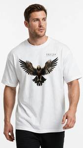ONETEN APPAREL เสื้อยืดคอกลมแขนสั้นสีขาวสำหรับผู้ชายพิมพ์ลายอีเกิล - Product Image 4