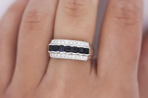 Classic Sapphire Eternity Band <b>Ring</b> With Emerald Cut Natural Stones Channel Set In Rhodium Plated 925 Silver <b>For</b> Wedding - Product Image 3