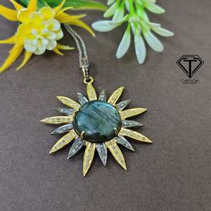 Natural <b>Labradorite</b> Pave Diamond Solitaire Charm <b>Pendant</b> Number Pattern Gemstone Jewelry - Product Image 2