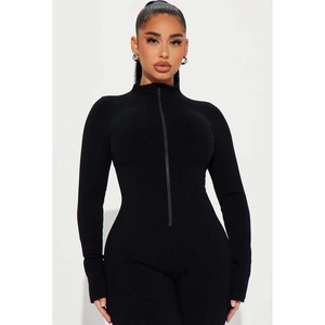 Combinaison noire en tricot pour femme, manches longues, fermeture éclair sur le devant, taille haute, longueur intégrale, couleur unie, col polo, style streetwear - Product Image 2