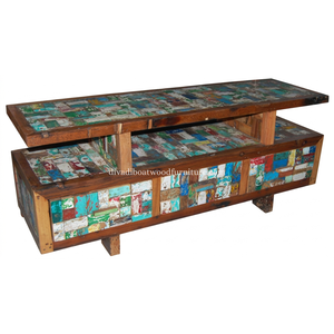 Meuble TV en bois de bateau récupéré, 3 tiroirs, style double plateau, patchwork, bois recyclé, design durable pour support TV - Product Image 1