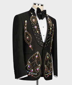 Men’s Black Embroidered Rhinestone Tuxedo Suit Jacket – Designer Wedding & Party <b>Blazer</b> with Shawl Lapel - Product Image 2