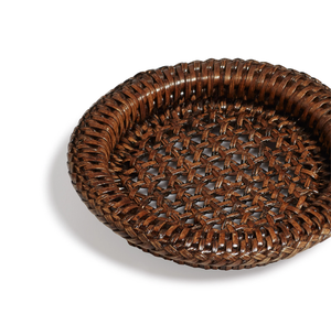 Handwoven round natural rattan <b>drink</b> <b>coasters</b> stacked inside matching woven wicker storage holders, available at wholesale price - Product Image 4