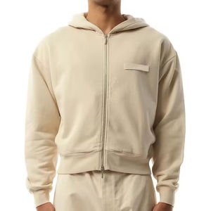 Sudadera con capucha beige para hombre, informal, de algodón y felpa, con cremallera, logotipo personalizado, marca privada, ropa urbana, sudadera de invierno - Product Image 2