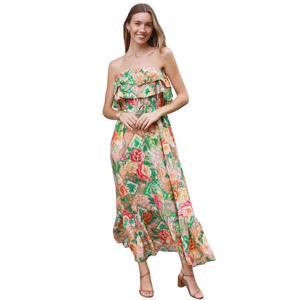 Vestido largo floral con cuello cuadrado para mujer, vestido de playa de manga corta - Product Image 3