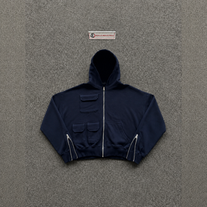 PREMIUM NAVY BLUE VINTAGE WASHED OVERSIZED <b>ZIP</b> <b>UP</b> HOODIE WITH UTILITY POCKETS Cotton French Terry Casual Pocket Design Autumn W - Product Image 5