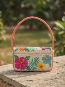 Hand Beaded Tropical Floral Handbag - <b>Pink</b>, <b>Orange</b>, Yellow & Teal Hibiscus Flower <b>Clutch</b> Artisan Summer <b>Bag</b> with BY MULTI CRAFT - Product Image 3